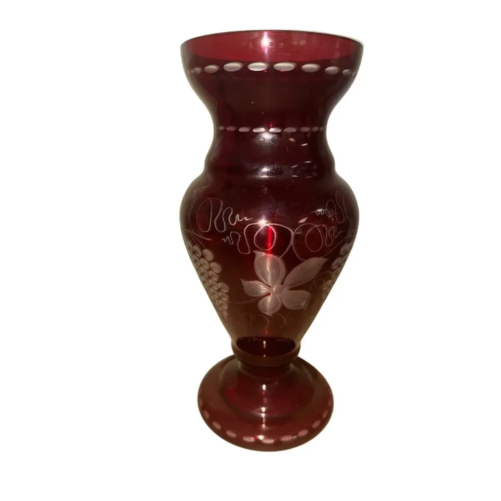 Vintage Egermann Ruby Red Cut To Clear Glass Vase